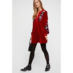 Free People Velvet Mini Dress Embroidered Floral Long Sleeve Red‎ XS